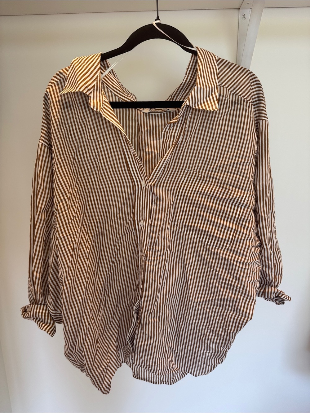 Zara Brown and White Striped Button-Down Shirt